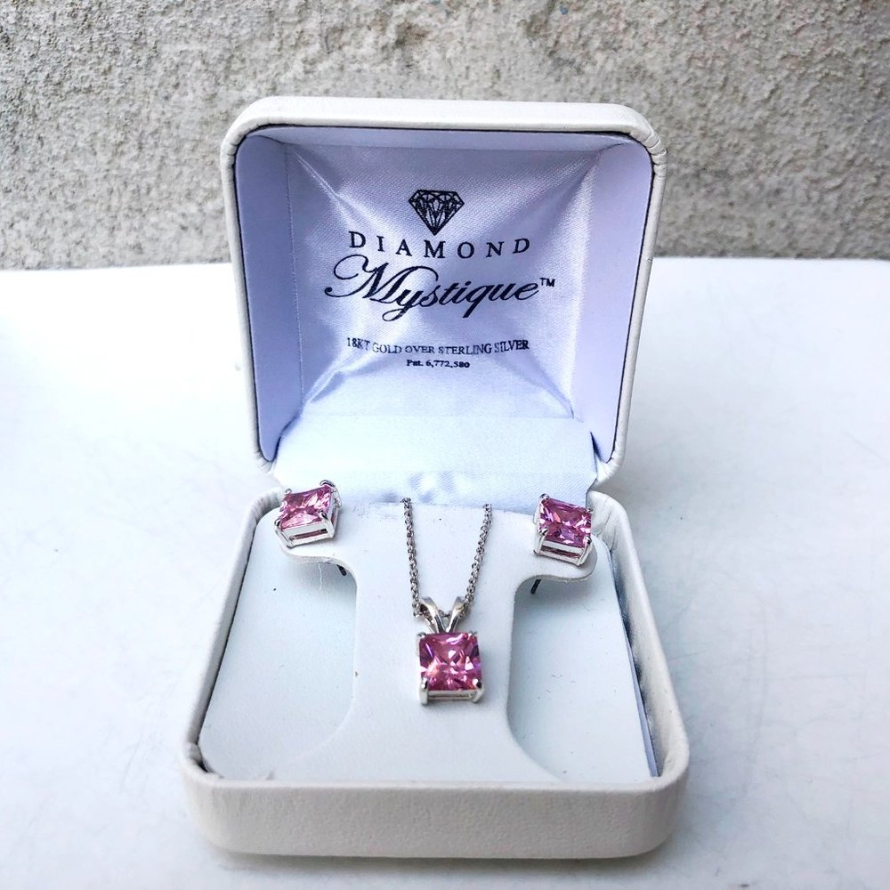 Pink Square Jewel Pendant Necklace with Stud Earrings by Diamond Mystique